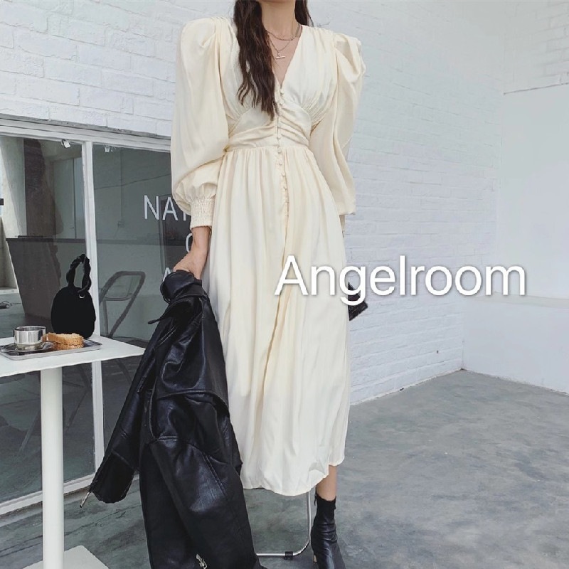 Vネックフレンチワンピース パフスリーブ ロングワンピース シフォンワンピース スリムウエスト ワンピース ドレス 長袖ワンピース フレンチ 大人綺麗 パーティー お呼ばれコーデ デートコーデ オフィ