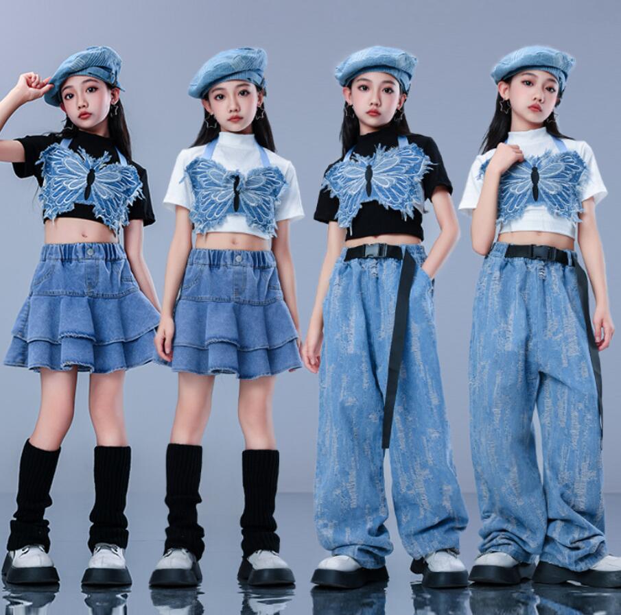 女子子供ダンス衣装 ジャズダンス デニムパンツ デニムスカート キッズダンス衣装 ヒップホップへそ出しシャツ 蝶ベスト 子供ダンス衣装 イベント学園祭舞台ステージ衣装 演出服謝 ダンス衣装