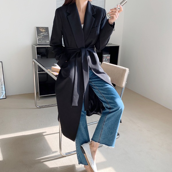 送料0円! 韓ファッション + エブリ テーラード ベルテッド オープン型 ロング ジャケット(outer1178)