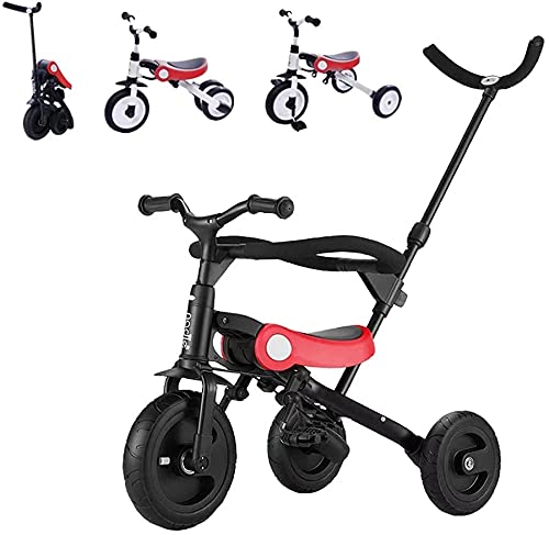HZDMJ 3in1三輪車 安全ガード付き 折りたたみ三輪車 押し車 かじ付 組み立て簡単 自転車 子供用 発泡タイヤ 超軽量コンパクト 新型 便利 プレゼントに最適 (レッド)