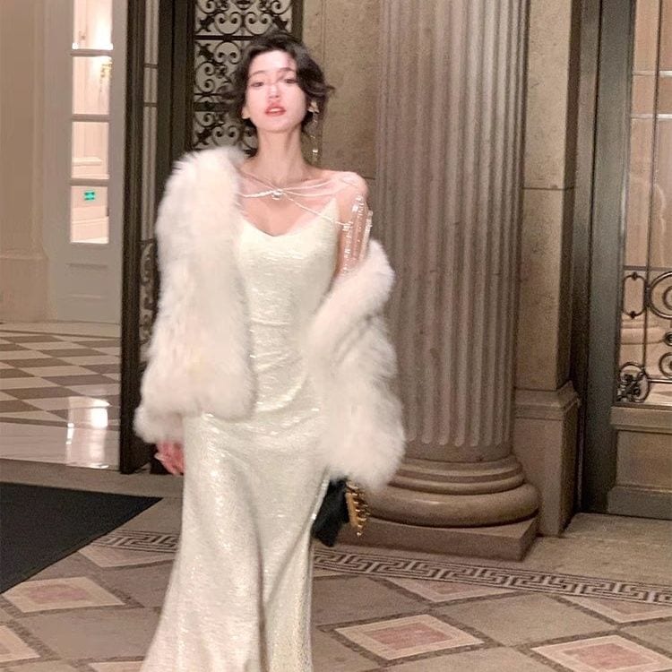 ワンピースドレスパーティードレス白キャミソールワンピース女フレンチデザインセンス気品優しい風スカート宴会バースデードレススカート