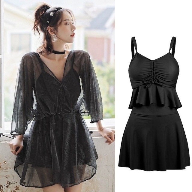 レディース 水着 スイムウェア シースルー トップス ワンピース風 ビキニ ミニ丈 3点セット 大人可愛い ママコーデ