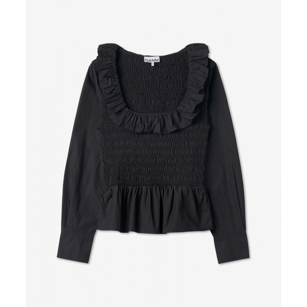 GANNIレディースコットンポプリンオープンネックネックシャツ - ブラック/ F7558099