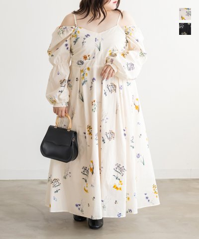 大きいサイズ レディース LL 3L 4L XL XXL XXXL CLETTEオリジナル3WAYスリーブ花柄ロングワンピース