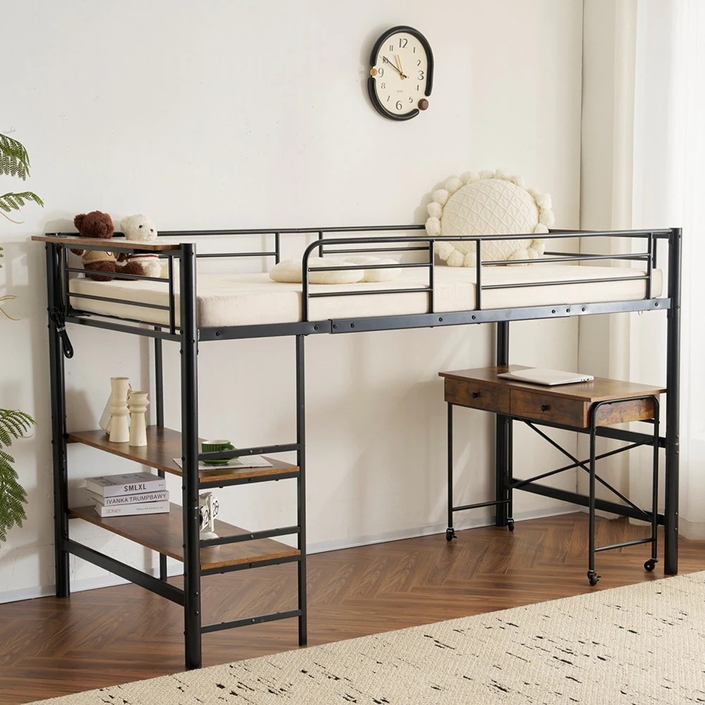 【国内即日発送】パイプベッド ロフトベッド システムベッド デスク付き 高さ130cm シングル コンセント付き 収納 スチール 耐震 ベッド シングル パイプベッド パイプ 収納付き ラック付き