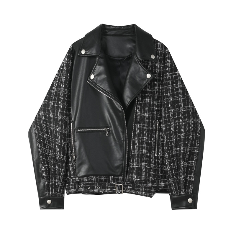 秋服レディースライダース韓国トップス長袖ジャケット黒チェック柄皮ジャンパーカーディガンコート