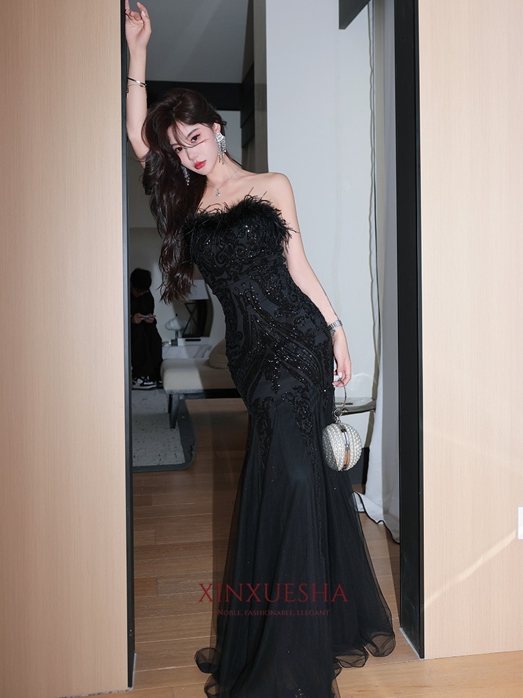 レディースブドレスブラックオーストリッチスパンコールテールガーゼスカート重工業ホスト宴会結婚式美術試験誕生日ホスト宴会結婚式美術試験誕生日
