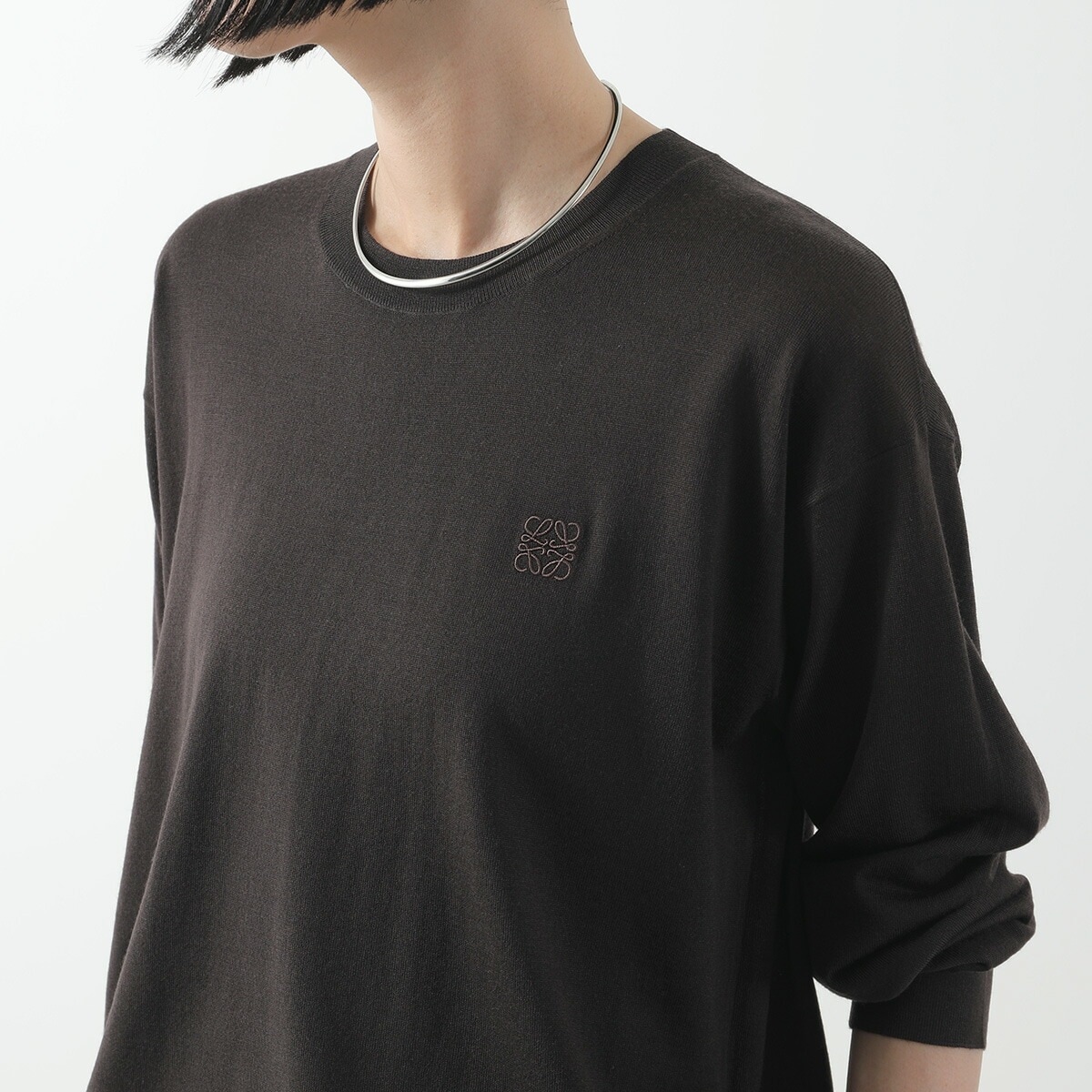 LOEWE ロエベ セーター S359Y14KHR レディース ウール ニット 長袖 クルーネック アナグラム 軽量 ロゴ 刺繍 3100/BROWN S359Y14KHR3100