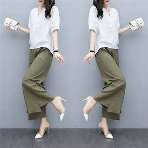 セットアップ レディース パンツスーツ 春夏 半袖 ブラウス シャツ 上下セット おしゃれ 着痩せ