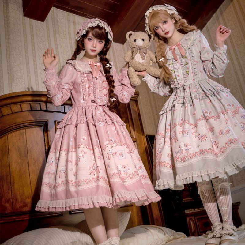 ロリータ ワンピース 長袖 小花柄 クラシカル エレガント ドレス レディース スリムシルエット 大人可愛い