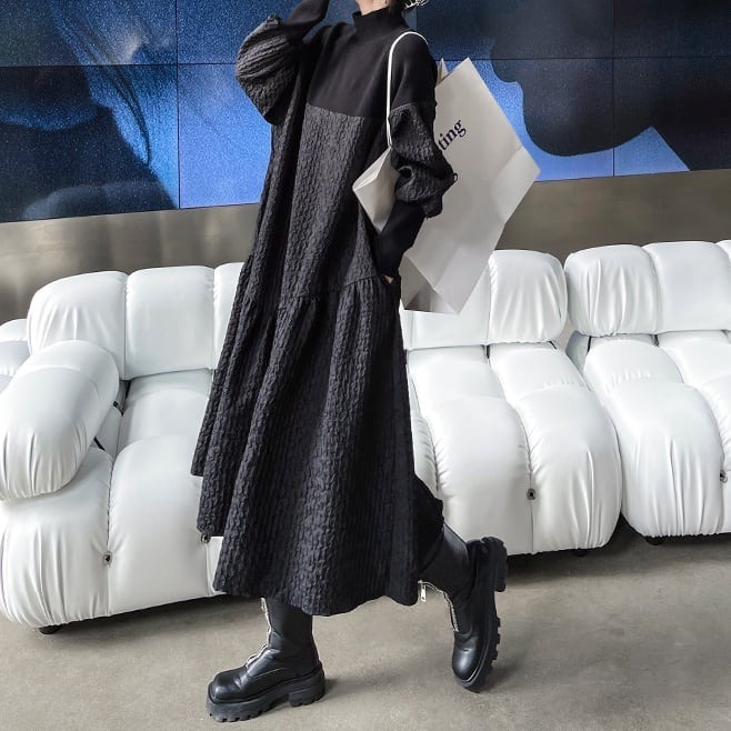 レディース ワンピース フレア ミモレ ロング アシンメトリー 長袖 ハイネック Aライン フェミニン ストリート 切り替えデザイン ドッキング かわいい 大人可愛い きれいめ おしゃれ かっこいい