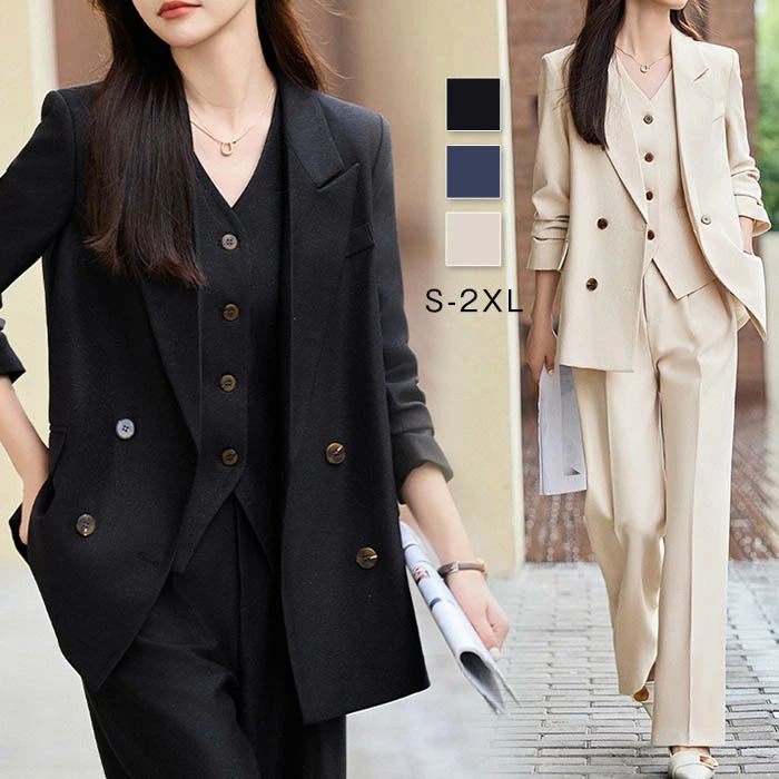 お早めに！お洒落 ロング丈 パンツスーツ ビジネス オフィス 上品 黒 女性らしい 大きいサイズ 洗える 卒業式 夏 2点セット スーツ 入学式 長袖 ワイドパンツ Vネック オールシーズン パンツド