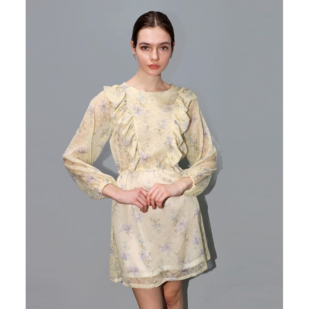DAMAGE MNEMONIC ラッフルイエローフラワーワンピース_ Ruffle Yellow Flower OP