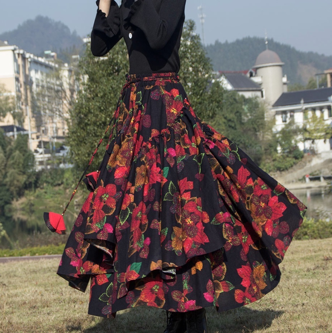 スカート ロングスカート プリーツスカート フレアスカート ロング ロング丈 フレア Aライン プリーツ ハイウエスト ウエストゴム アシンメトリー アシメ 伸縮性 綿 麻 かわいい きれいめ