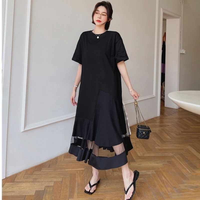 ワンピース Tシャツ フレアスカート レギュラー丈 袖あり 半袖 Uネック ラウンドネック フレア 前開き シースルー かわいい 大人可愛い きれいめ 大人 上品 おしゃれ お洒落 大人女子