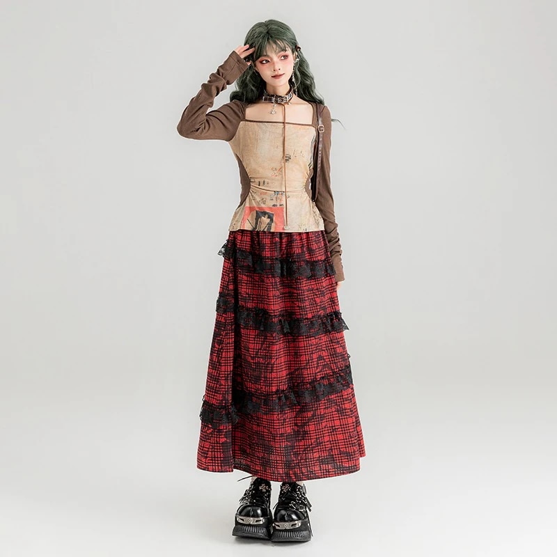 レーストリムレッドチェックスカート2024春夏レトロハイカバーaラインロングスカート