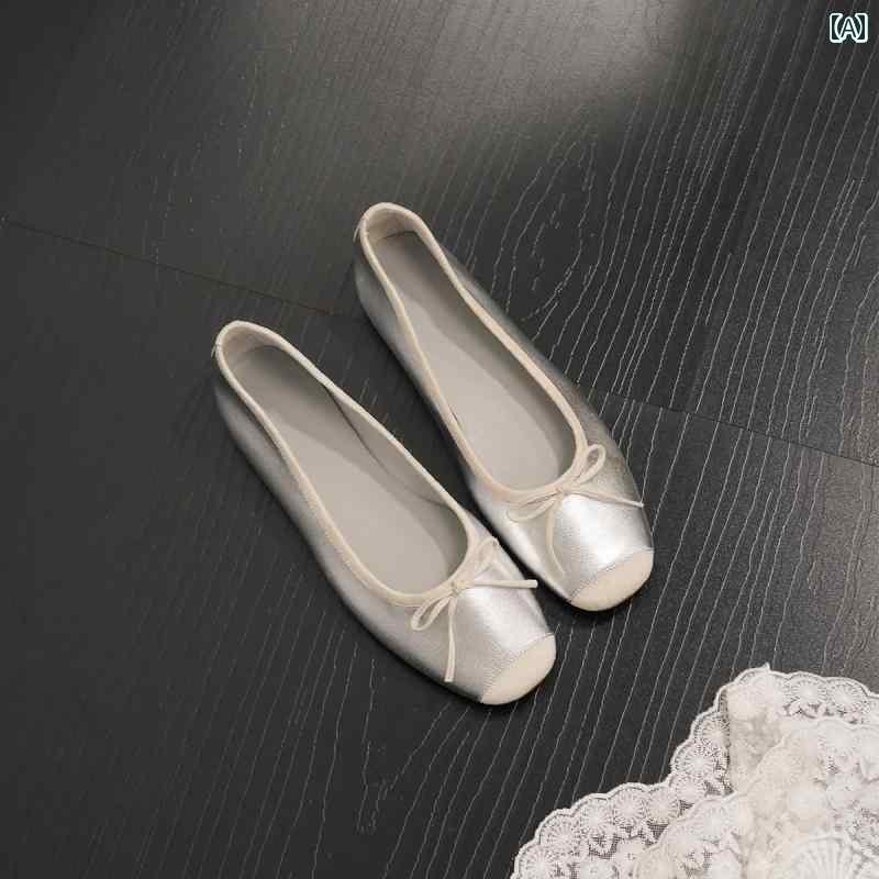 【今季トレンド】靴 レディース パンプス ローヒール 低め おしゃれ スクエアトゥ 浅い口 リボン バレエ シューズ フラット ソフト ソール フレンチ レトロ 革