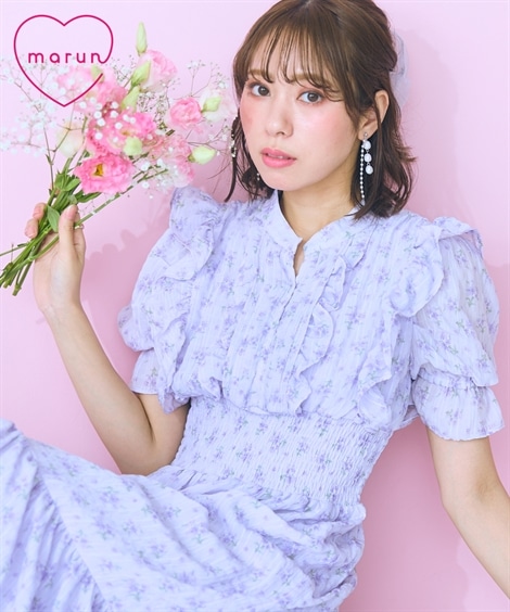 ロングマキシ丈/半袖 大きいサイズ フリルデザインフラワープリントワンピース marun