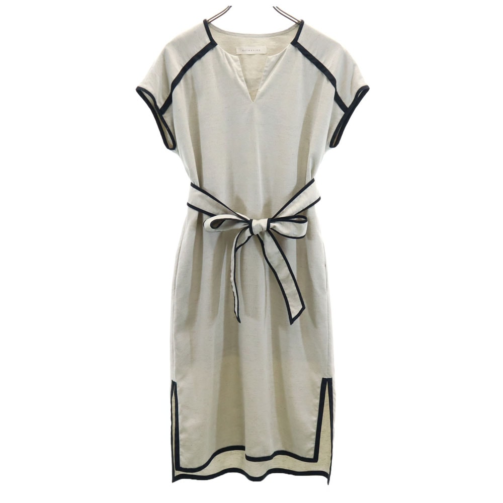 日本製 ノースリーブ ワンピース 36 ベージュ系 ウエストベルト レディース