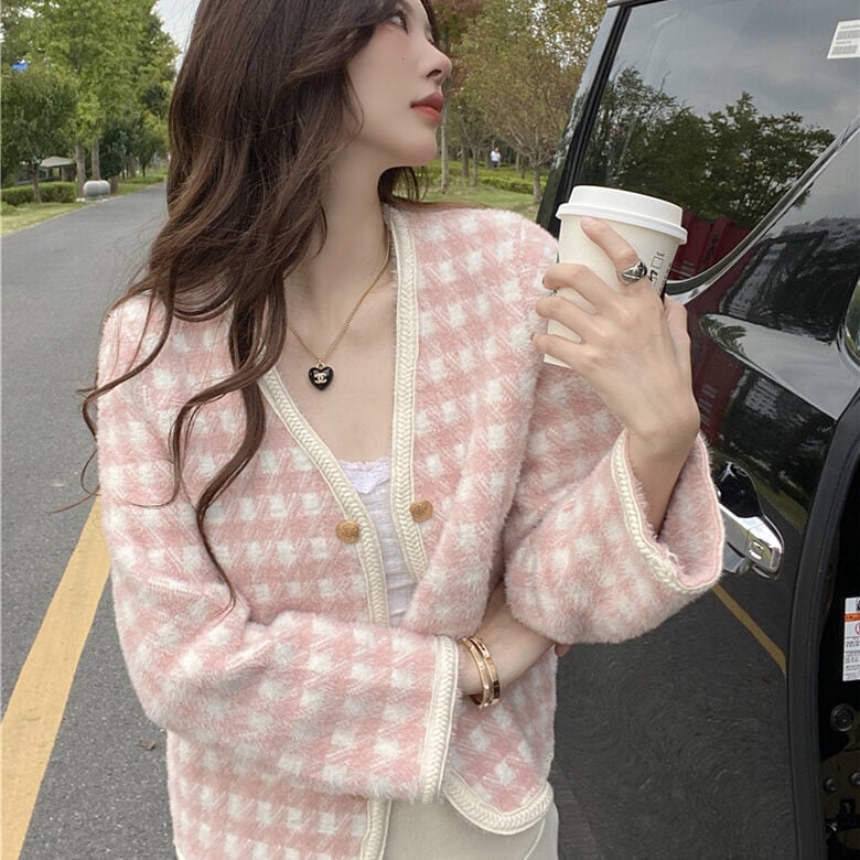 カーディガン ニットカーディガン モヘアニット シャギーニット ふわふわ チェック柄 ショート丈