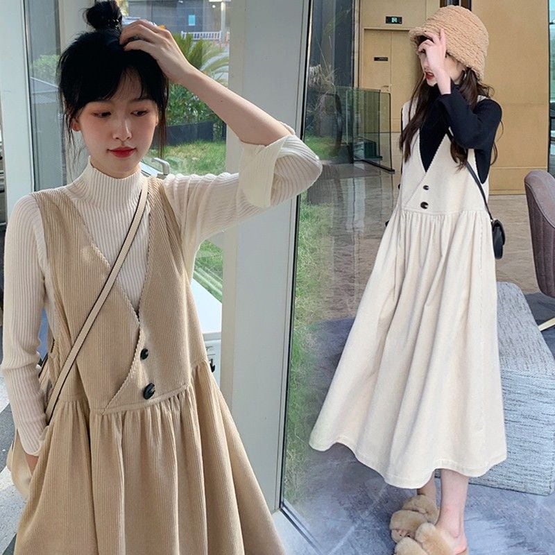 【即納】ストラップスカート2点セット ゆったりワンピース Vネック コーデュロイ ファッション マタニティワンピースセット 2025年新作 Qoo10限定