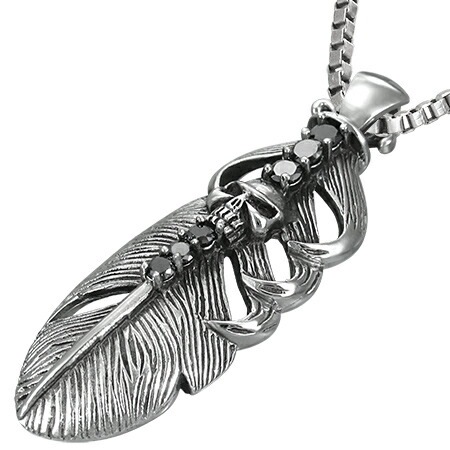 スカルフェザーステンレスペンダントトップ ドクロ 羽根 髑髏 鷲 鷹 男性 女性 プレゼント 首飾り