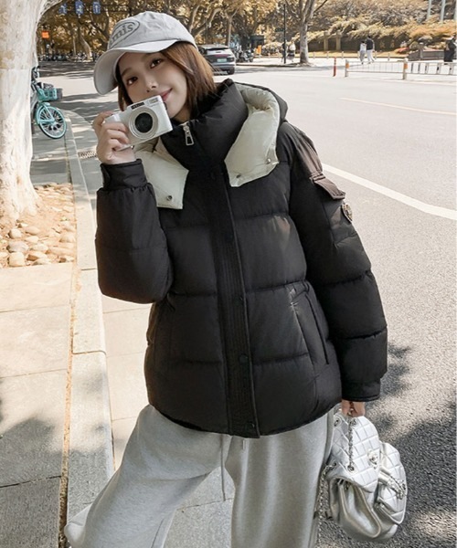 ダウン ダウンジャケット フェイクダウン バイカラー フーディー ジャケット レディース