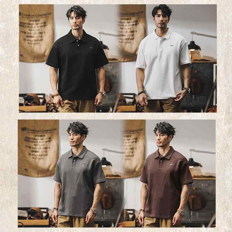 Tシャツ アメリカン レトロ メンズ 半袖 夏 大きいサイズ ポロシャツ 男性 刺繍 ベーシック ブラック ホワイト レッド ブラウン ダーク グレー