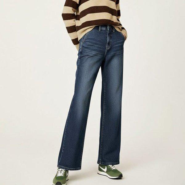 Hスタイル(MIZ)1567ラウンドバックポケット起毛ストレートバンディングデニムパンツ 冬 女性 起毛 デニムパンツ ジーンズ バンディングパンツ