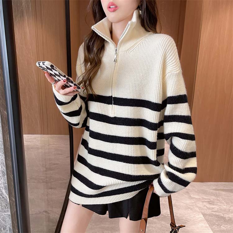 ハーフジップハーフジップ韓国風セーターボーダータートルネックゆったり秋冬ハイネックきれいめプルオーバーお洒落ゆったりニットセーター 4,629円