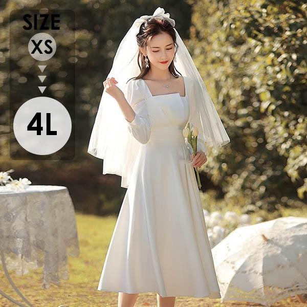 結婚式 ウェディング ミモレ丈 袖付き 二次会 花嫁 ドレス 演奏会 Aライン ワンピース パーティードレス 七分袖 ホワイト 挙式 20代 30代