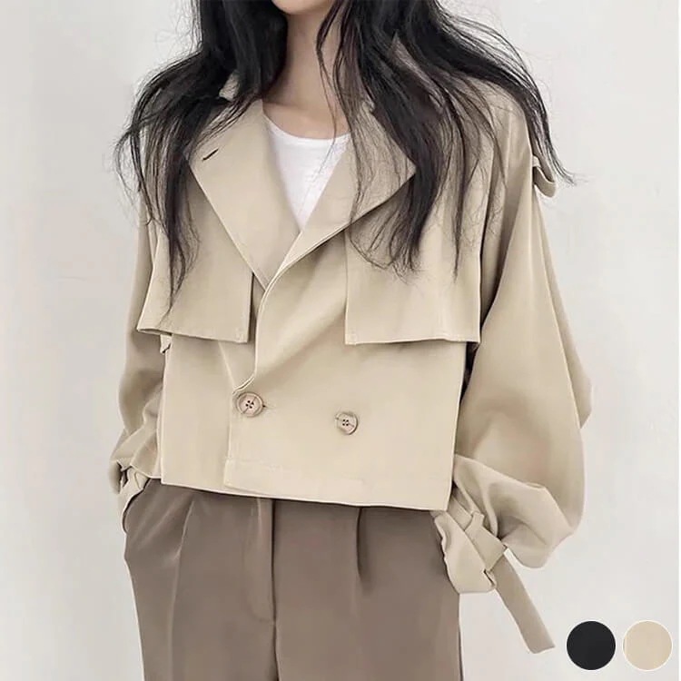 緊急SALE!!!2枚1OO円OFF！ショートトレンチ トレンチコート ベーシック ショート丈 シンプル 秋 アウター ダブルボタン レディース クロップド丈 カジュアル おしゃれ 韓国