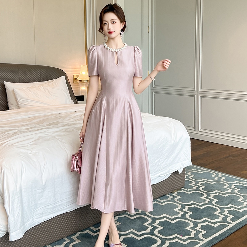 夏 ドレス パープルワンピース新作 デザイン感 透かし彫り ウエスト引き締め ロングワンピース パーティードレス レディース