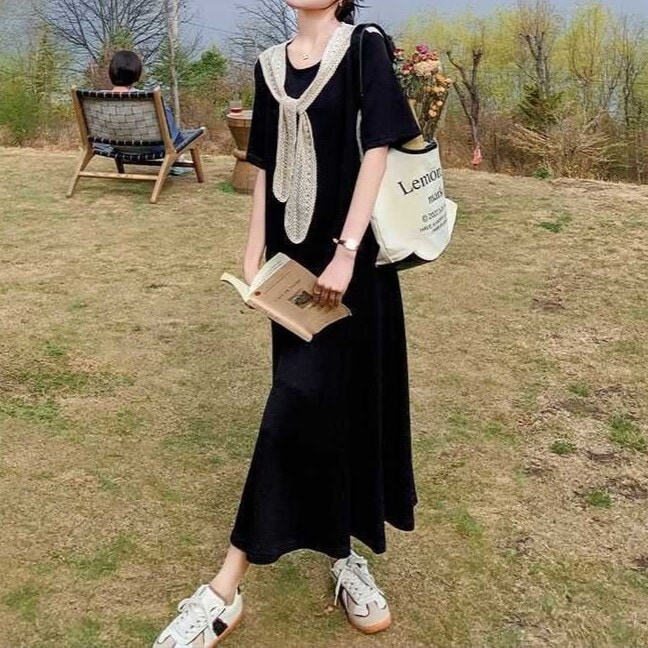 レース襟 レディース ワンピース 膝下 ミモレ ロング 半袖 ドロップショルダー ラウンドネック 襟付き セーラー風 レース リボン クロシェ 大人可愛い シンプル カジュアル 上品 おしゃれ