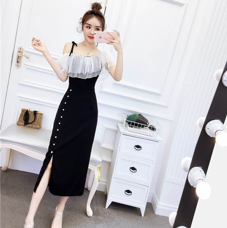 【急速出荷!】2色 キャバ ドレス ロング ロング丈 ワンピ ワンピドレス レディース 大胆 セクシー 黒 赤 ブラック 赤 無地 フリル ボタン おしゃれ きれいめ 可愛い 細身 色気 抜け感 キャ