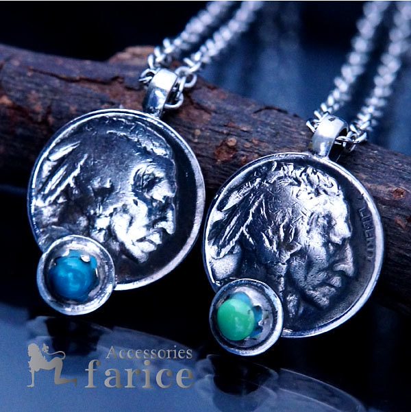 ネイティブアメリカンチーフ&アメリカバイソン バッファロー5セントコイン ターコイズ装飾 メンズ&レディース インディアンジュエリー シルバー925&ニッケル ペンダント ネックレスブルーorグリ