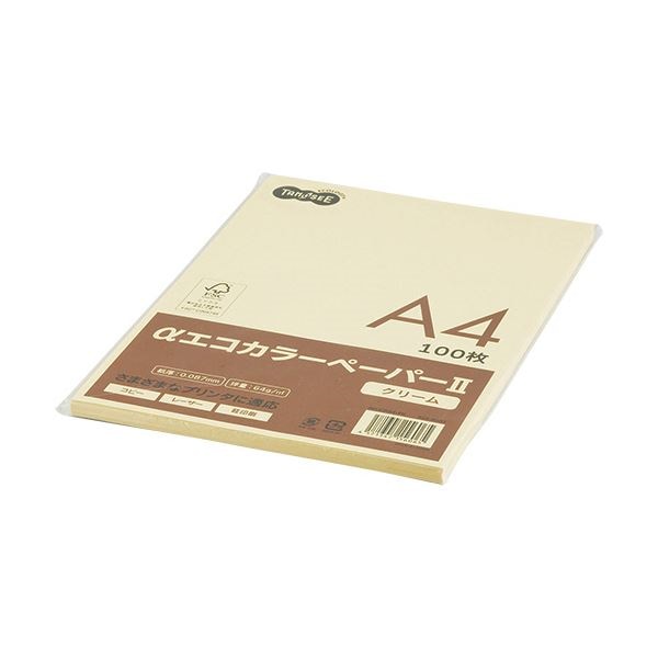 （まとめ） TANOSEE αエコカラーペーパーII A4 クリーム 少枚数パック 1冊（100枚） 30セット