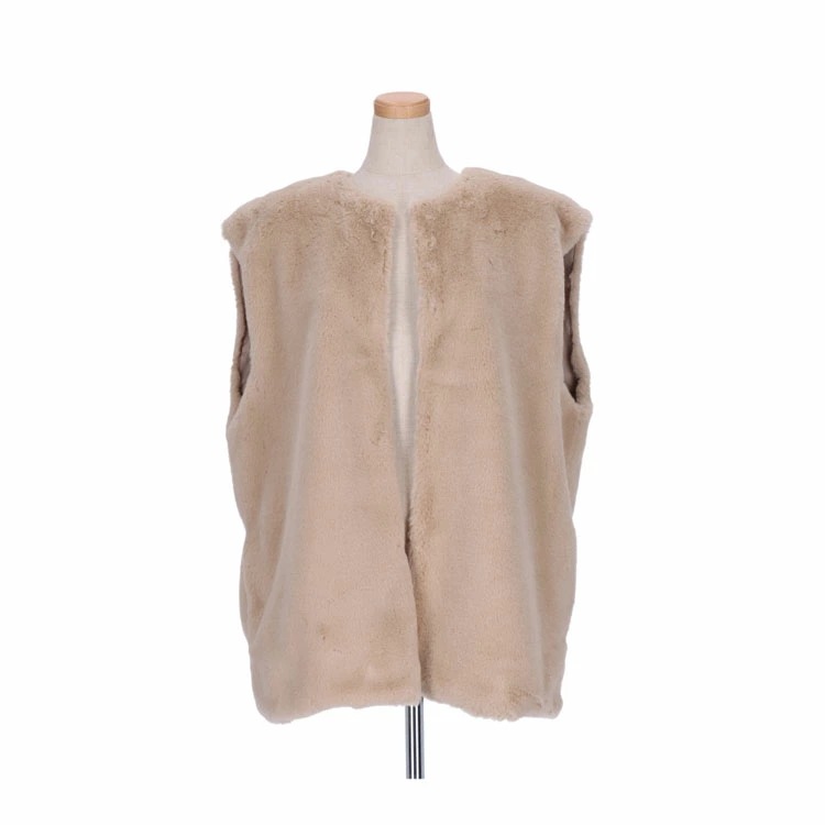 エコファー ベスト ジレ フェイクファー ベージュ ノーカラー 衿なし レディース ギフト プレゼント 6,396円