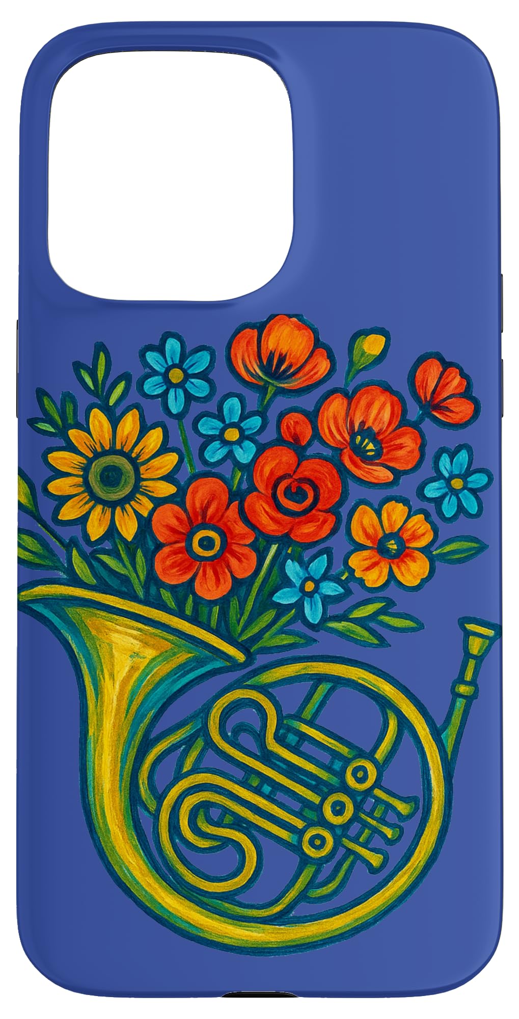 フローラル フレンチホルン 音楽愛好家 ボタニカル楽器デザイン スマホケース iPhone 15 Pro Max 用