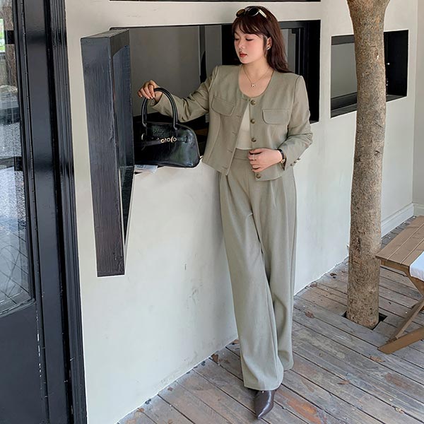 ショート丈 シングルブレスト アンティーク調メタルボタン ノーカラー パンツスーツ セットアップ