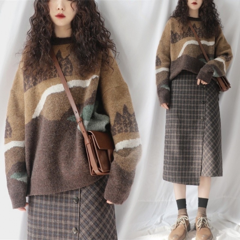 ハイエンドのカスタマイズ-シングル大きいサイズの女性の脂肪ミリメートル秋日本のレトロなセーターニットトップチェック柄スカートツーピーススーツ 200