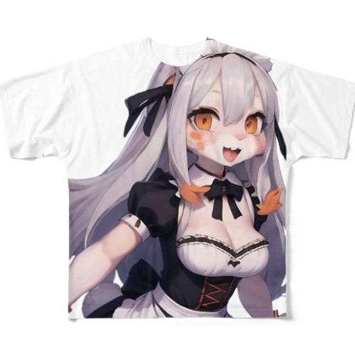 【文字入れ可能受注生産】白うさぎの女の子　メイド　ケモナー フルグラフィックTシャツ