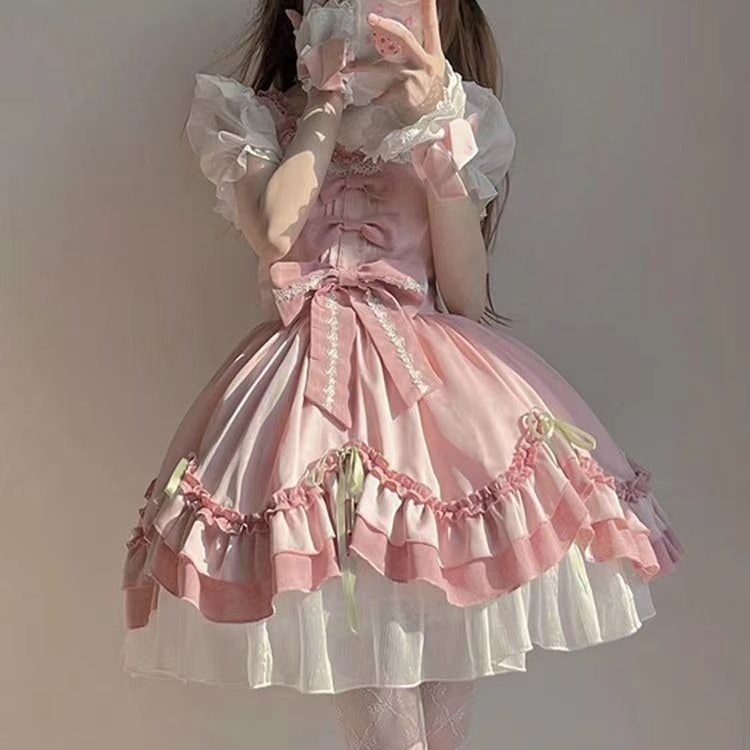 ロリータ蝶ピンク可愛いロリータワンピース優しい洋装日系ロリータ優しい女の子お嬢様プリンセスloloスカートメイド服