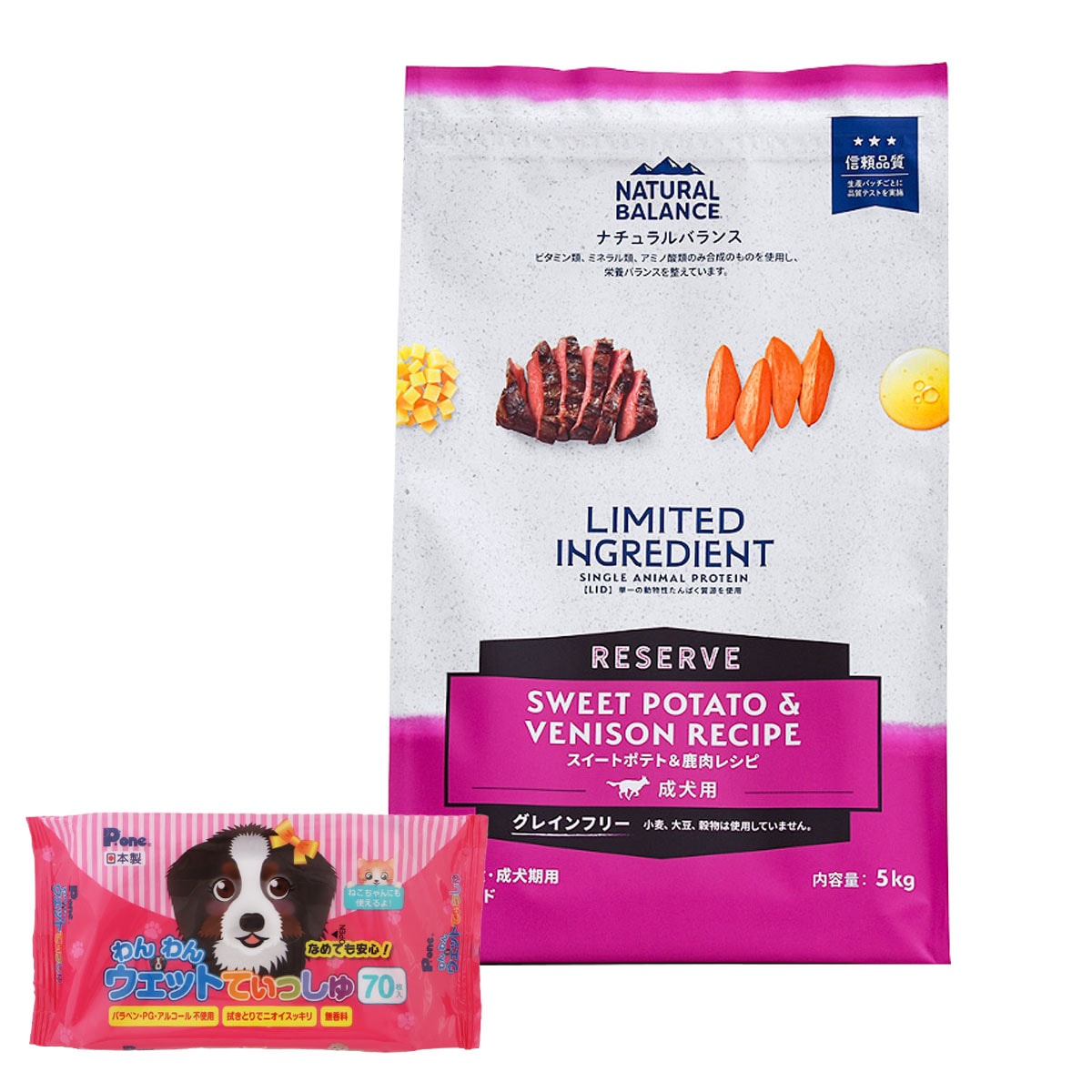 LIDグレインフリー 成犬用 スイートポテト&鹿肉 5kg【わんわんウエットてぃっしゅ1個付き】