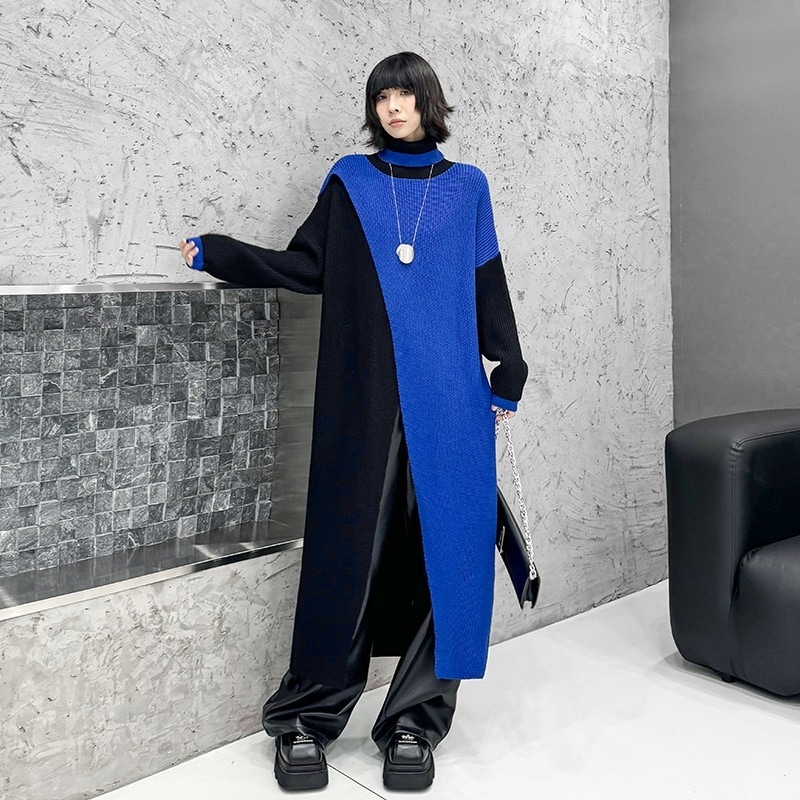 【J.Fashion】 ドッキング色 ロングニット 裾スリット ニットワンピース 秋冬 おしゃれ レディース 関連商品購入可能 メガ割