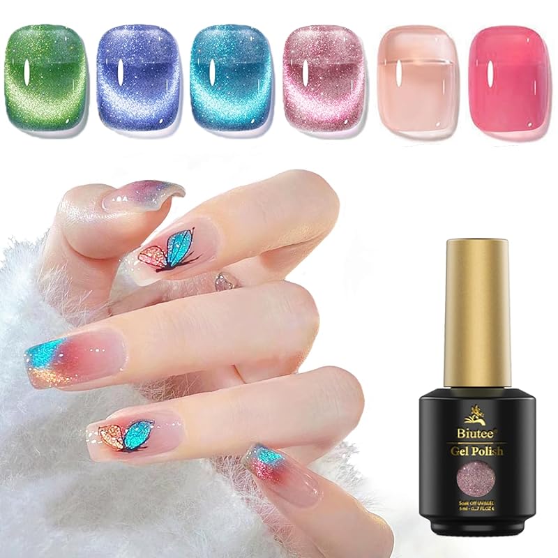 Biutee ジェルネイル ネイルカラー ラメ入り キラキラ 6色*8ml UV/LED対応 マグネットネイル ジェルネイル カラージェル キャツアイジェル 猫目ジェル 微粒子ラメ ダイヤモンドジェル
