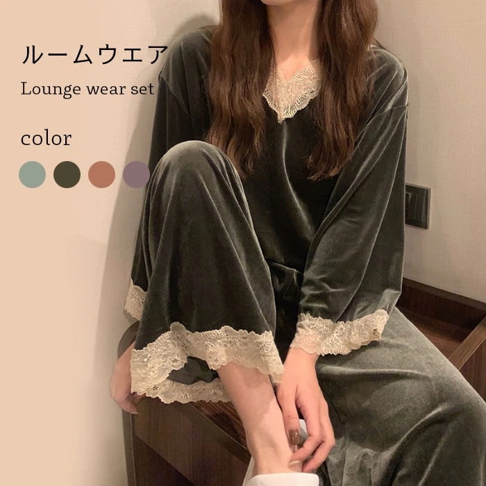 部分 ルームウェア 上下セット レディース 部屋着 長袖 セットアップ レース付き ベロア ストレッチ パジャマ Vネック 厚手 ゆったり 冬 ナイトウェア 寝巻き 可愛い