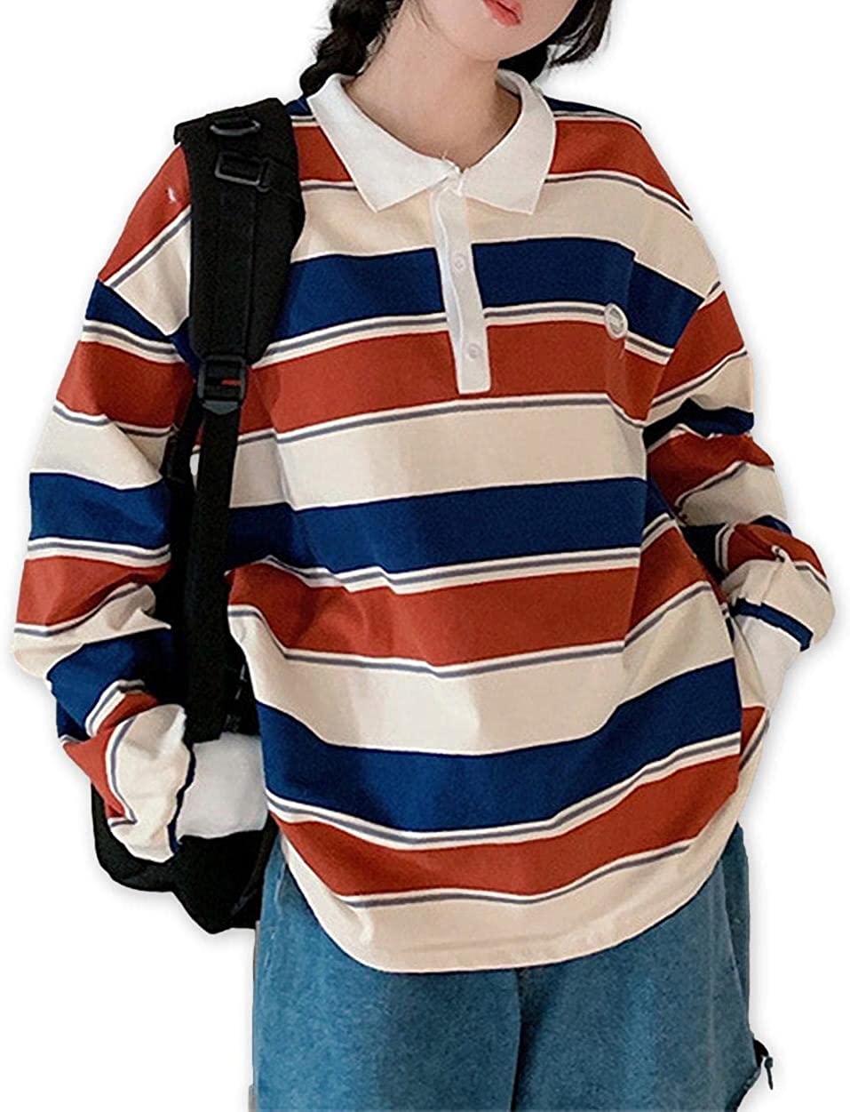 ポロシャツ レディース 長袖 ラガー ボーダー シャツ マルチボーダー ラグビー ゴルフ ワイド ルーズ 長袖Tシャツ ゆったり ドロップ ショルダー ボーダー柄 ニット セーター