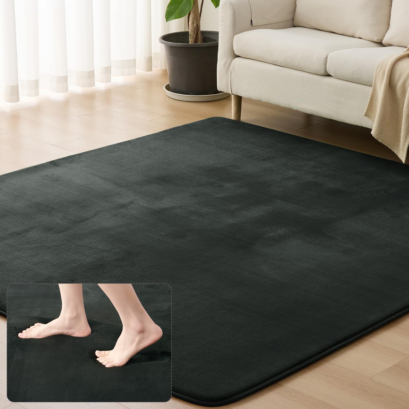 Sun Deco ラグ 1.5畳 ブラック カーペット 低反発 ラグマット 極厚20mm 135x185cm オールシーズン 滑り止め付 抗菌 防臭 防ダニ 踏み心地ふわふわ 厚手 フランネルラグ 接