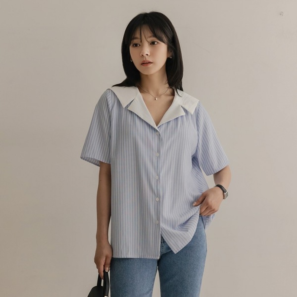 [Elysia] ダイスストライプカラーカラー半袖ブラウス